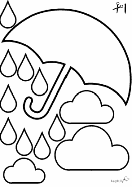 Ausmalbild "Tropfen, Wolken, Regenschirm" zum Ausschneiden