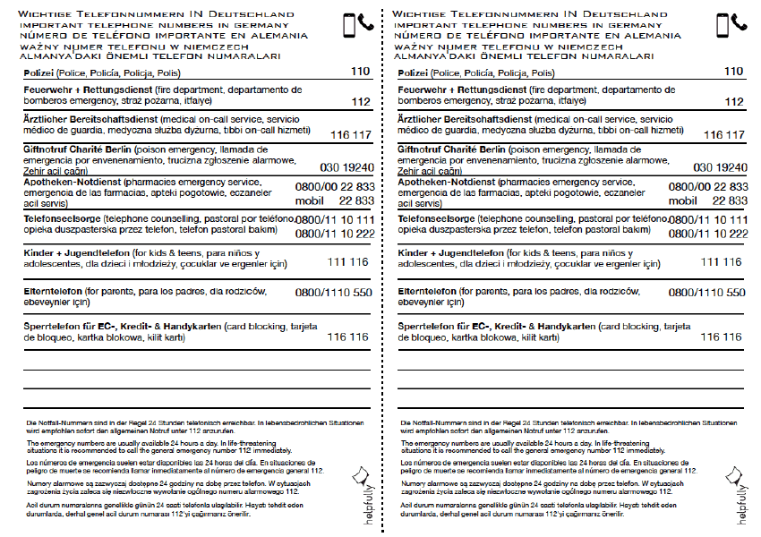 Wichtige Telefonnummern in Deutschland 2x A5 (mehrsprachig)