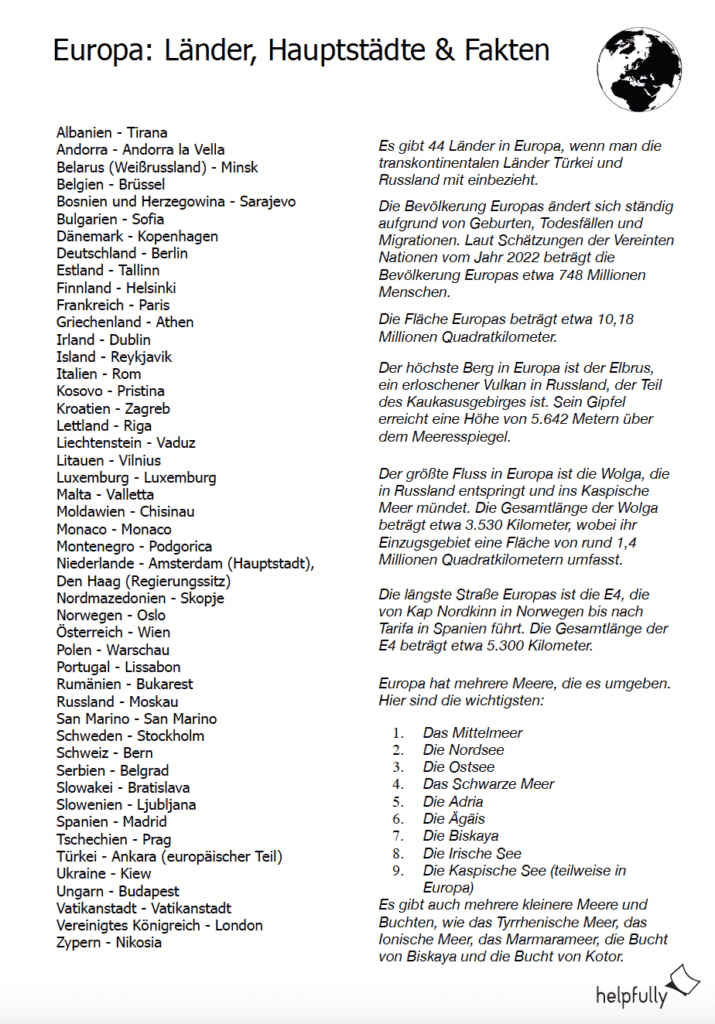 Liste - Wissen "Europa: Länder, Hauptstädte & Fakten" PDF - helpfully.de