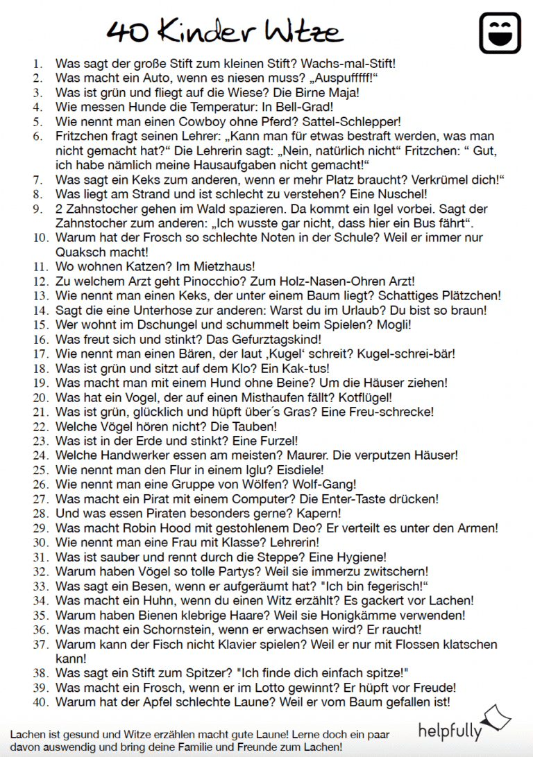 Witze für Kinder - Liste mit 40 Witzen PDF - helpfully.de