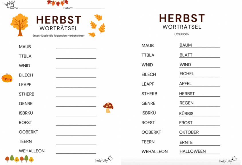 Arbeitsblatt Worträtsel Übungen "Herbst" (Vorlage mit Lösungen
