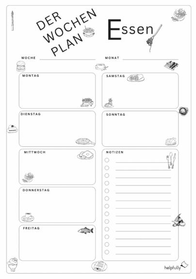 Wochenplan "Essen" (Blanko-Vorlage) Gratis-PDF ausdrucken - helpfully.de