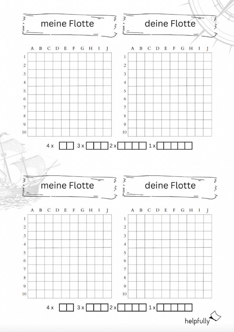 Schiffe versenken "Spielzettel" (A4-Vorlage) Gratis-PDF - helpfully.de