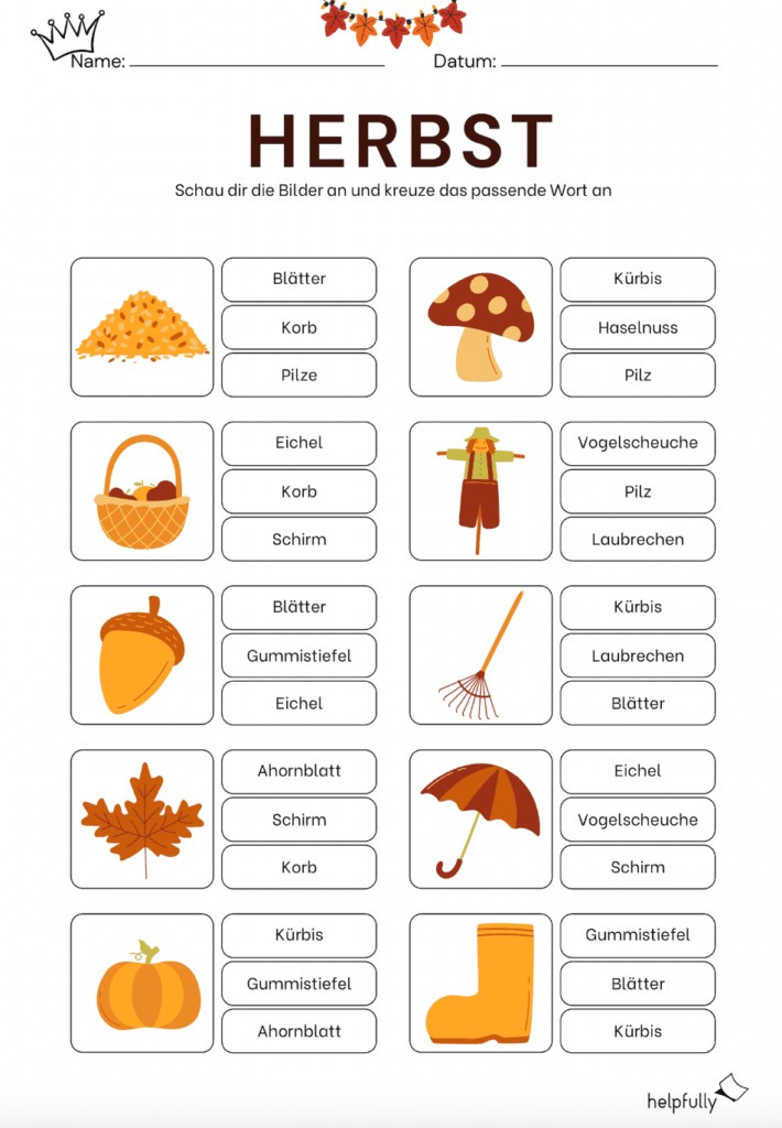 Arbeitsblatt WortzuBild Übungen "Herbst" (Vorlage) GratisPDF