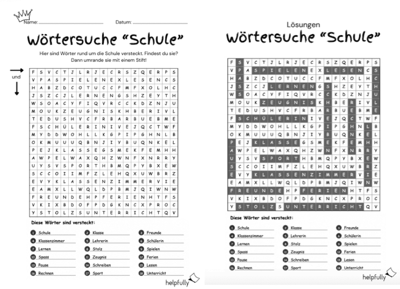 Arbeitsblatt - Wörtersuche "Suchsel Schule" (Vorlage mit Lösungen