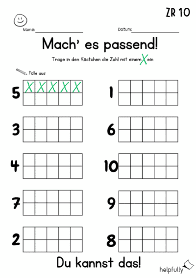Arbeitsblatt Mathe - Zahlenreihe bis 10 "Kästchen markieren X" als PDF