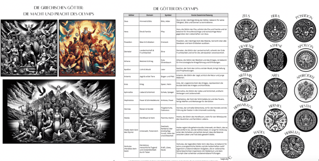 Griechische Götter des Olymps - Tabelle, Buttons, Bilder - helpfully.de