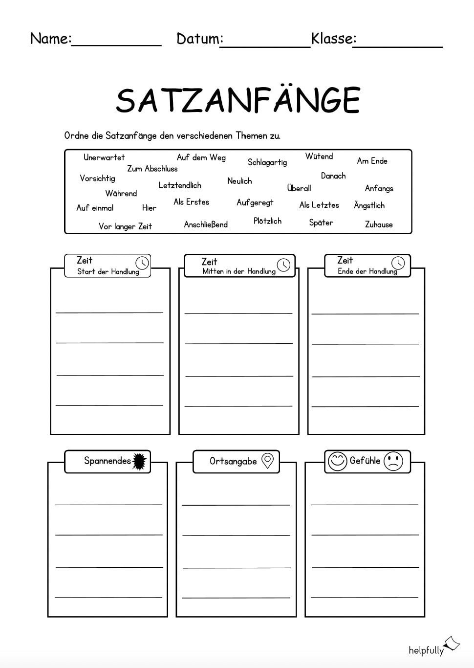 Satzanfänge - Deutsch Arbeitsblatt gratis bei helpfully.de