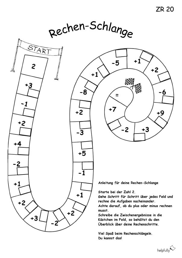 Mathe Grundschule - Arbeitsblatt it Rechenschlange Zahlenraum 20 ausdrucken