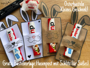 kleines Ostergeschenk basteln als Hasenkarte mit Schlitz für Süßes