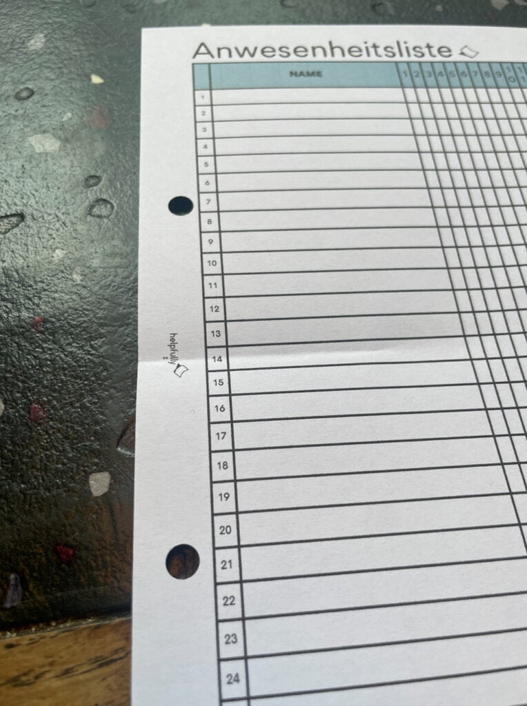 Anwesenheitsliste zum Ausdrucken und EInheften