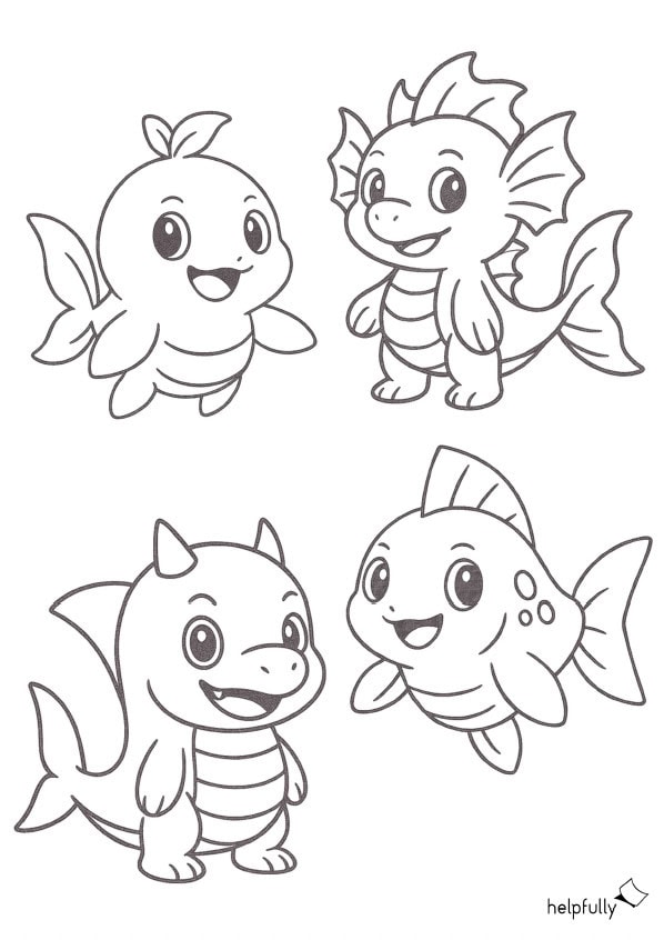 Ausmalbild mit süßen Tieren im Pokemon-Style für Kinder