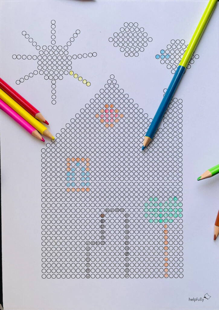 Punkt für Punkt zum Traumhaus gemalt mit der Vorlage Haus für Kinder