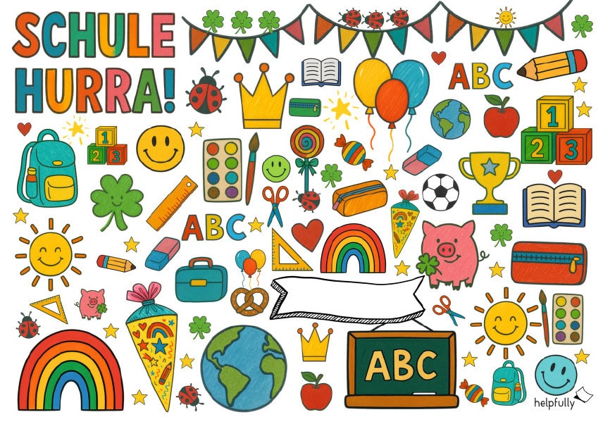 Die bunte Vorlage ausdrucken und eine kleine Schultüte basteln