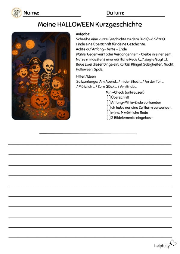 arbeitsblatt mit bild für kurzgeschichte halloween im deutschunterricht