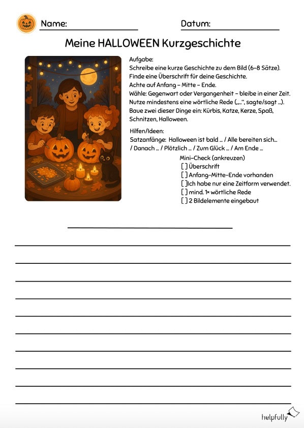 arbeitsblatt mit bild für kurzgeschichte halloween im deutschunterricht