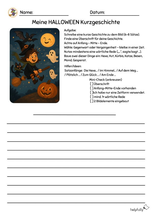 arbeitsblatt mit bild für kurzgeschichte halloween im deutschunterricht