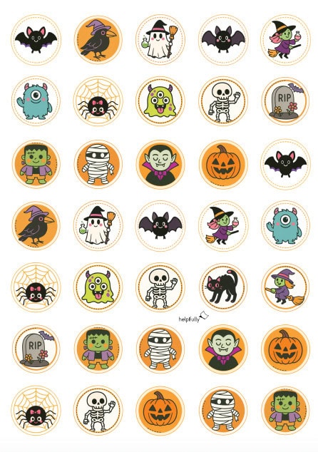 Kleine Sticker für Halloween mit süßen Monstern, Hexen und mehr Designs