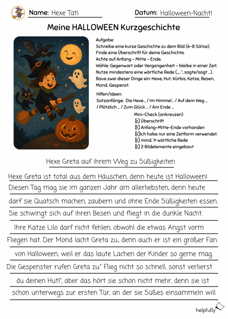 arbeitsblatt mit bild für kurzgeschichte halloween im deutschunterricht mit beispielgeschichte