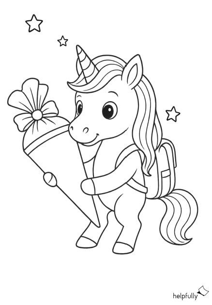 Süßes Einhorn-Ausmalbild mit Schultüte
