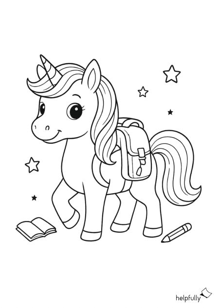 Süßes Einhorn-Ausmalbild mit mit Schulranzen