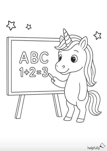 Süßes Einhorn-Ausmalbild an der Schultafel