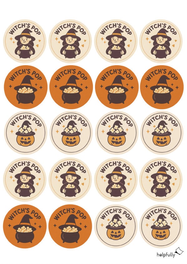 Popcorn Sticker mit süße Katze und Kessel für Halloween Treats