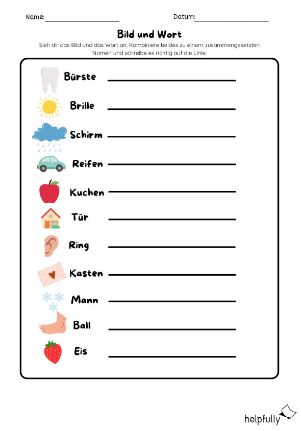 Deutsch Arbeitsblatt mit Komposita durch Wort und Bild Kombination zum Ausdrucken
