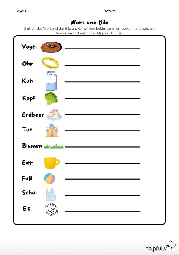 Deutschuebungen mit Komposita durch Wort und Bild Kombination zum Ausdrucken