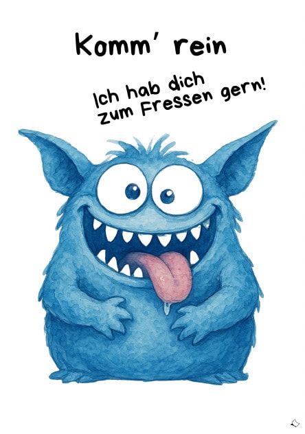 Lustiges Türschild fürs Kinderzimmer mit blauem Monster und Spruch