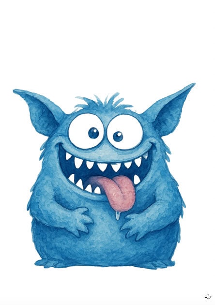 Lustiges Wandbild als A4 mit blauem Monster