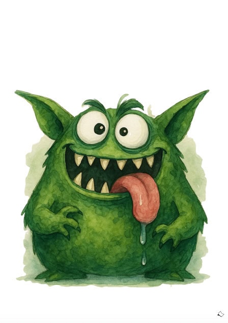 Lustiges Wandbild als A4 mit grünem Monster