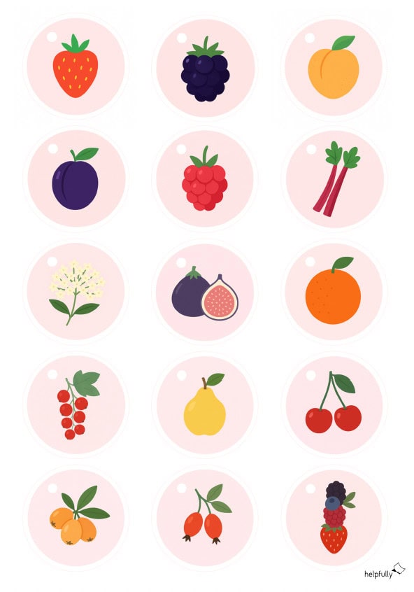 Marmeladen Etiketten zum Ausdrucken mit schönen bunten Designs und vielen Fruchtsorten