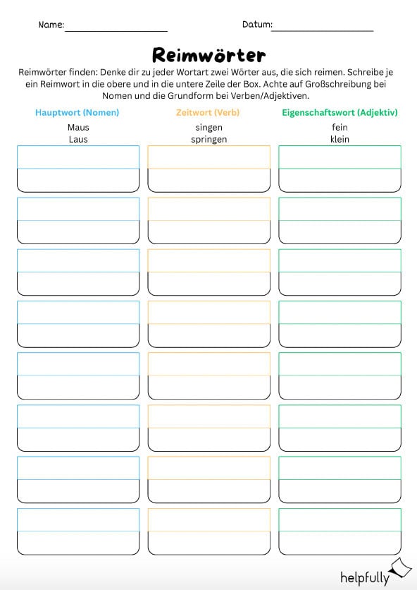 Blanko Arbeitsblatt für Reimwörter zum Ausdrucken