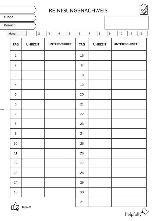 reingungsnachweis in tabellenform zum ausdrucken