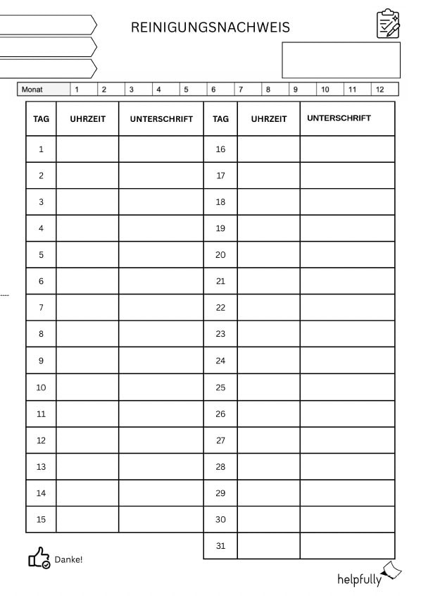reinigungsprotokoll in tabellenform zum ausdrucken