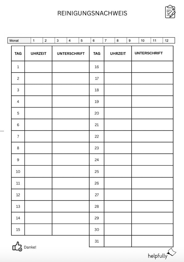 reingungsnachweis in tabellenform zum ausdrucken als gratis vorlage