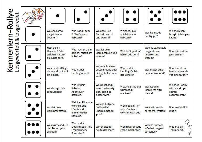 Kennenlernspiel mit Würfel zum Ausdrucken für Kinder und Jugendliche, gratis Vorlage