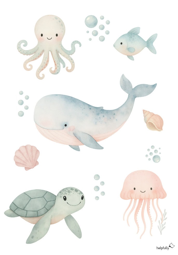 mega niedliche Deko fürs Babyzimmer zum Ausdrucken als A4 Vorlage mit Unterwassertieren im Aquarellstyle