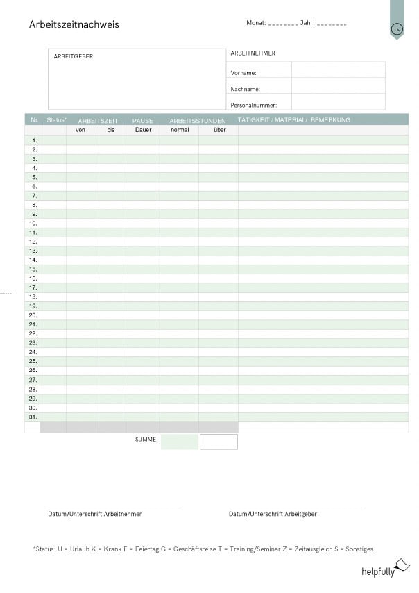 manuelle arbeitszeiterfassung mit der tabelle zum arbeitszeitnachweis zum ausdrucken