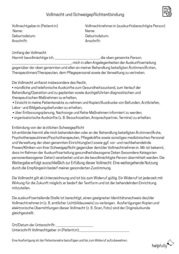 Schweigepflichtsentpindung Arzt - Vollmacht zum Ausdrucken