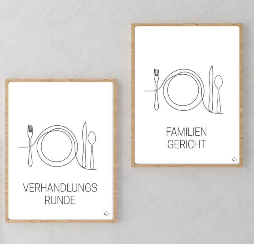 Wandbild für die Küche mit lustigem Spruch und Gedeck zum Ausdrucken