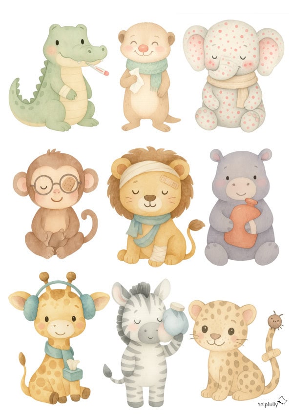 Tierposter für Kinderarztpraxen und Kinderkliniken zum Ausdrucken mit kranken mega niedlichen Tieren, in pastelligen Farben