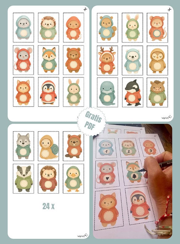 Zuckersüße Wintertiere mit Zahlen-Button zum Selbstbeschriften als PDF Vorlage