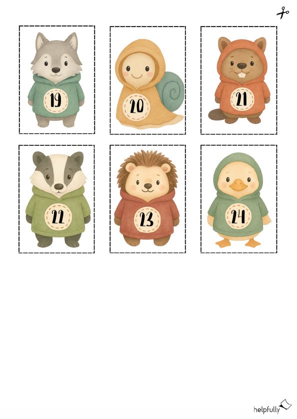 Gratis Tiersticker mit Zahlen 1 bis 24 zum Ausdrucken mit mega süßen Illustrationen