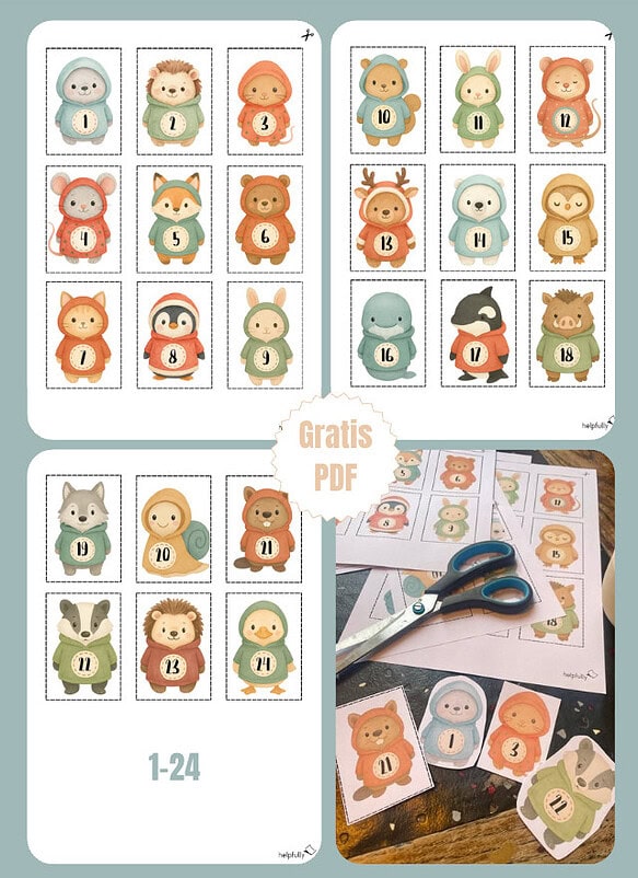 Zuckersüße Wintertiere mit Adventskalenderzahlen 1 bis 24 zum Ausdrucken