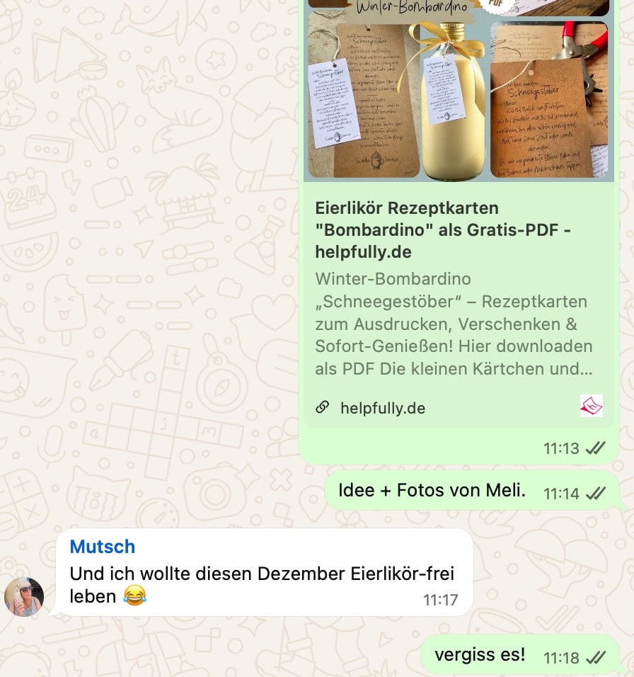 Whatsapp aus dem Alltag: Nachricht auf Eierlikör-Rezept von helpfully.de