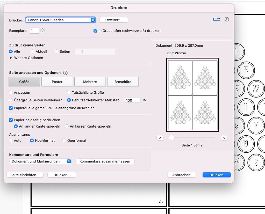 Beidseitiger Druck für den Adventskalender mit Postkarten-Rückseite