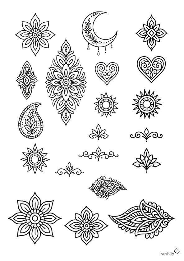 Hennatattoo Vorlage zum Ausdrucken mit gemischten Ornamenten für Hand und Körper