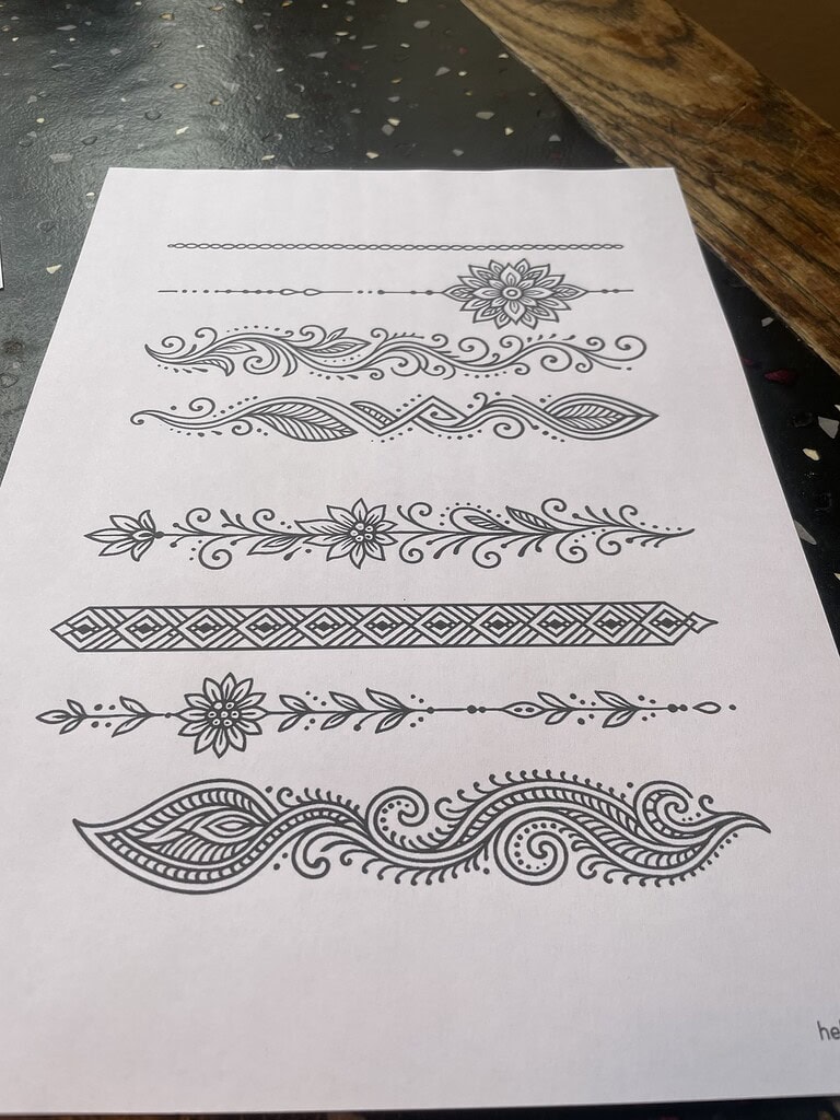 Hennatattoo Vorlagen zum Ausdrucken mit Bändern für Hand, Oberarm und Fuß